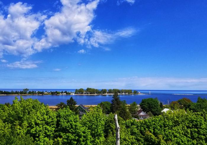 Overhead view of West Bay in Grand Marais, Michigan on a beautiful summer day